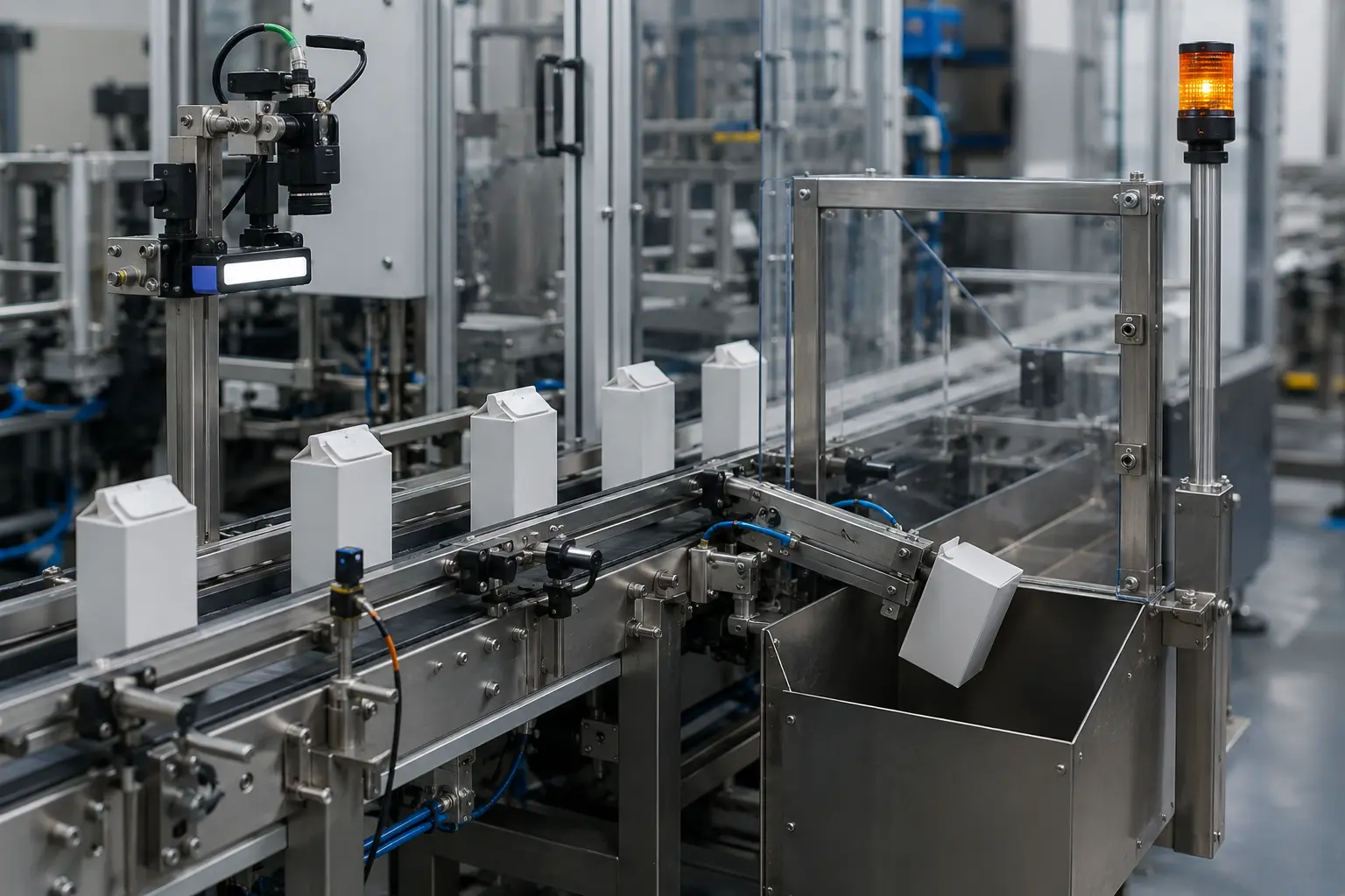 Cartons on a conveyor beside a pusher and collection chute.
