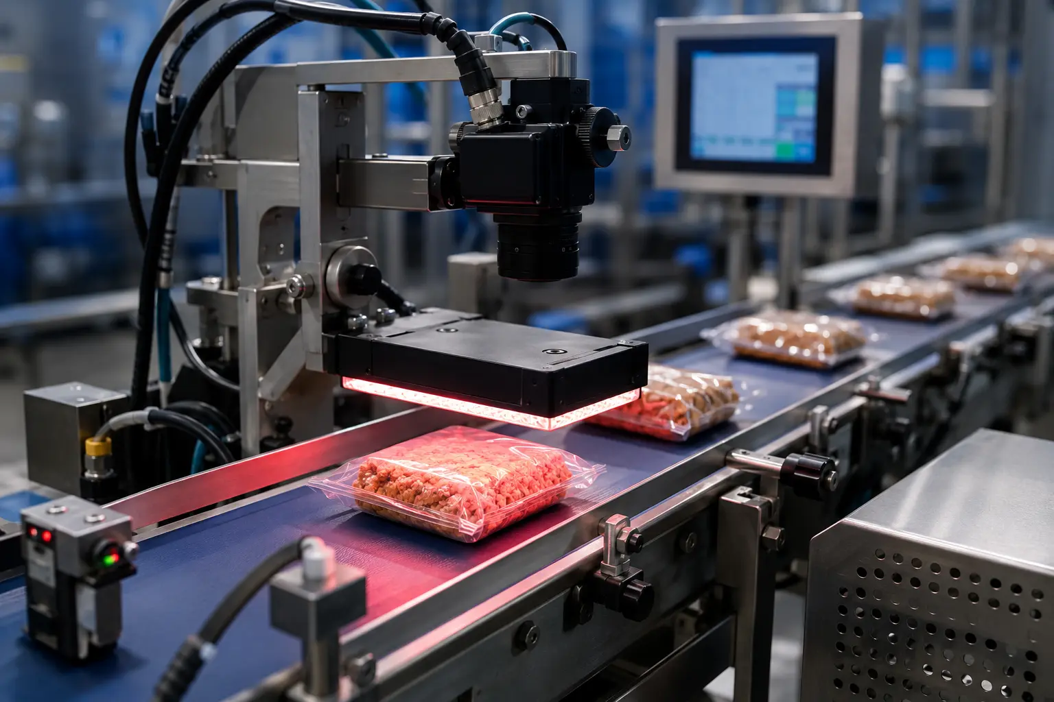 Camera and red lighting above wrapped packs on a conveyor.